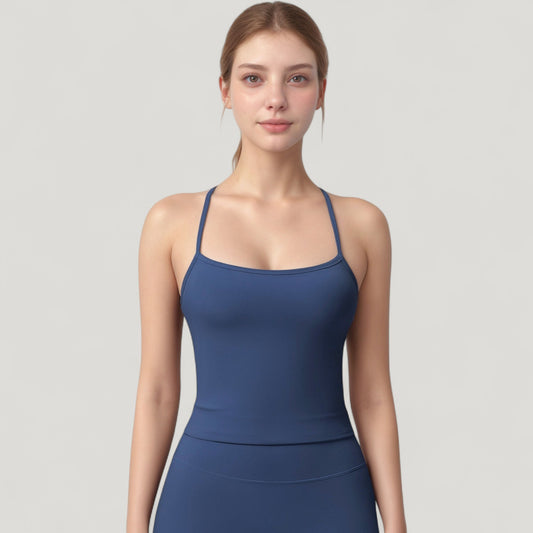 Strappy Back Slim Fit Athletic Tank Top with Built-In Shelf Bra
