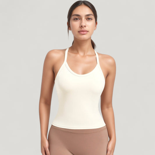 Strappy Crisscross Back Athletic Tank Top with Built-In Shelf Bra