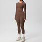Long Sleeve Crew Neck Top and High Waist Leggings Set with Slim Fit Design