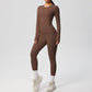 Long Sleeve Crew Neck Top and High Waist Leggings Set with Slim Fit Design