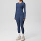 Long Sleeve Crew Neck Top and High Waist Leggings Set with Slim Fit Design