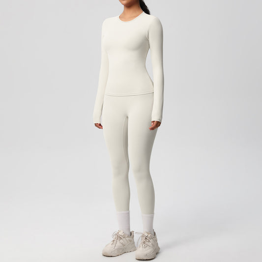 Long Sleeve Crew Neck Top and High Waist Leggings Set with Slim Fit Design