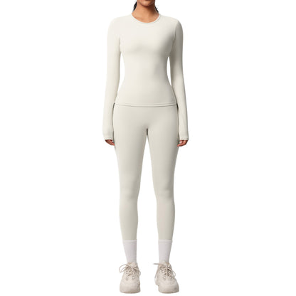 Long Sleeve Crew Neck Top and High Waist Leggings Set with Slim Fit Design