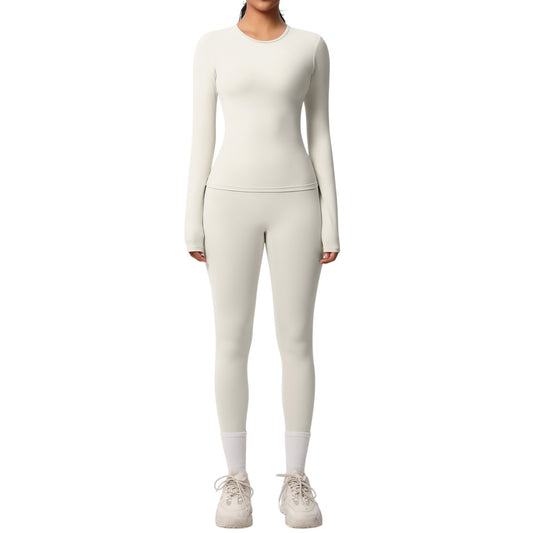 Long Sleeve Crew Neck Top and High Waist Leggings Set with Slim Fit Design