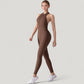 High Neck Sleeveless Activewear Jumpsuit with Back Cutout and Front Zip Closure