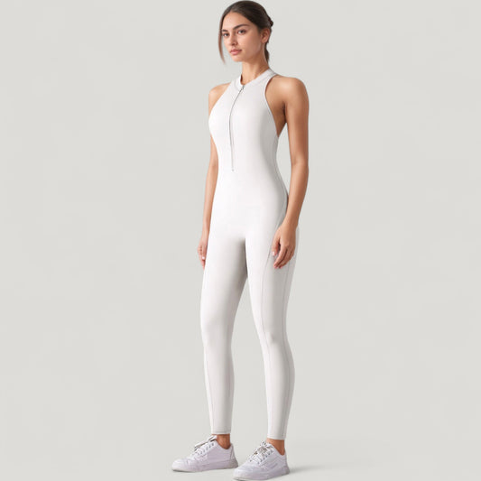 High Neck Sleeveless Activewear Jumpsuit with Back Cutout and Front Zip Closure