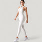 High Neck Sleeveless Activewear Jumpsuit with Back Cutout and Front Zip Closure
