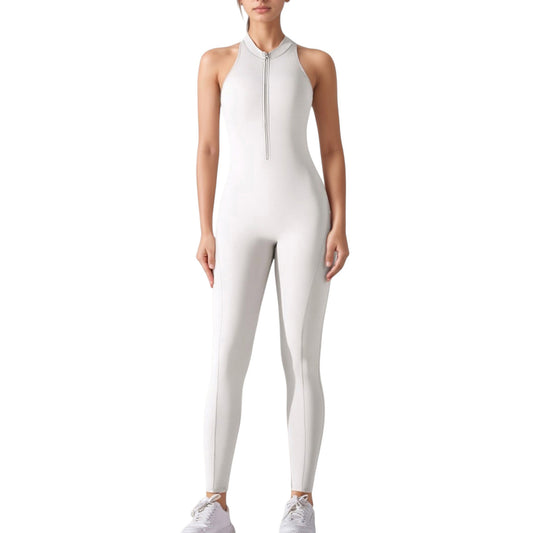 High Neck Sleeveless Activewear Jumpsuit with Back Cutout and Front Zip Closure