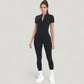 Short Sleeve High Neck Open Back Zip-Up Jumpsuit with Fitted Silhouette and Scrunch Back Detail