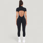 Short Sleeve High Neck Open Back Zip-Up Jumpsuit with Fitted Silhouette and Scrunch Back Detail