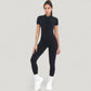 Short Sleeve High Neck Open Back Zip-Up Jumpsuit with Fitted Silhouette and Scrunch Back Detail