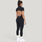 Short Sleeve High Neck Open Back Zip-Up Jumpsuit with Fitted Silhouette and Scrunch Back Detail
