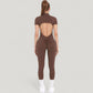 Short Sleeve High Neck Open Back Zip-Up Jumpsuit with Fitted Silhouette and Scrunch Back Detail