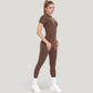Short Sleeve High Neck Open Back Zip-Up Jumpsuit with Fitted Silhouette and Scrunch Back Detail