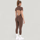 Short Sleeve High Neck Open Back Zip-Up Jumpsuit with Fitted Silhouette and Scrunch Back Detail
