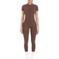 Short Sleeve High Neck Open Back Zip-Up Jumpsuit with Fitted Silhouette and Scrunch Back Detail