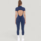 Short Sleeve High Neck Open Back Zip-Up Jumpsuit with Fitted Silhouette and Scrunch Back Detail
