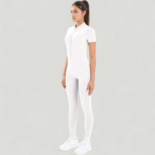 Short Sleeve High Neck Open Back Zip-Up Jumpsuit with Fitted Silhouette and Scrunch Back Detail