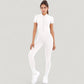 Short Sleeve High Neck Open Back Zip-Up Jumpsuit with Fitted Silhouette and Scrunch Back Detail
