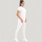 Short Sleeve High Neck Open Back Zip-Up Jumpsuit with Fitted Silhouette and Scrunch Back Detail