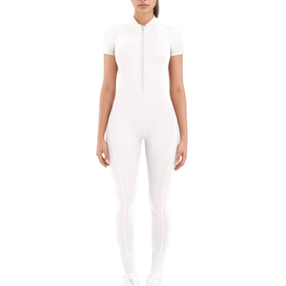 Short Sleeve High Neck Open Back Zip-Up Jumpsuit with Fitted Silhouette and Scrunch Back Detail