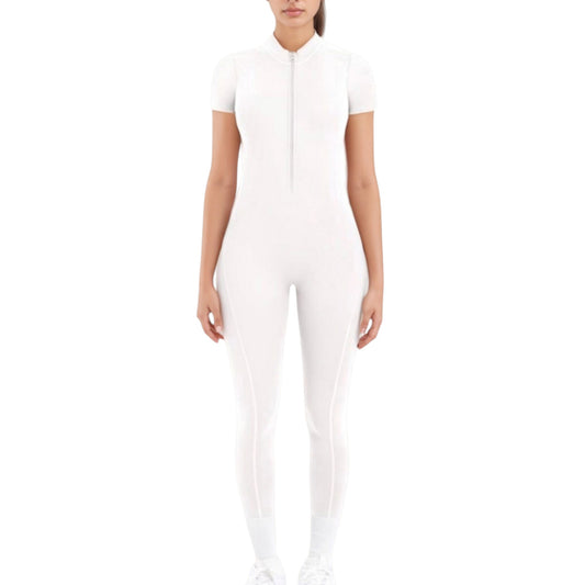 Short Sleeve High Neck Open Back Zip-Up Jumpsuit with Fitted Silhouette and Scrunch Back Detail