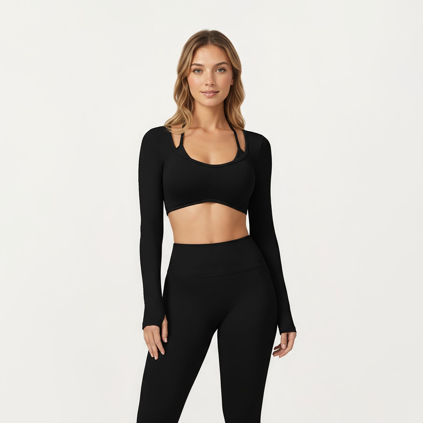 Long Sleeve Crop Top with Contrast Trim and Scoop Neckline