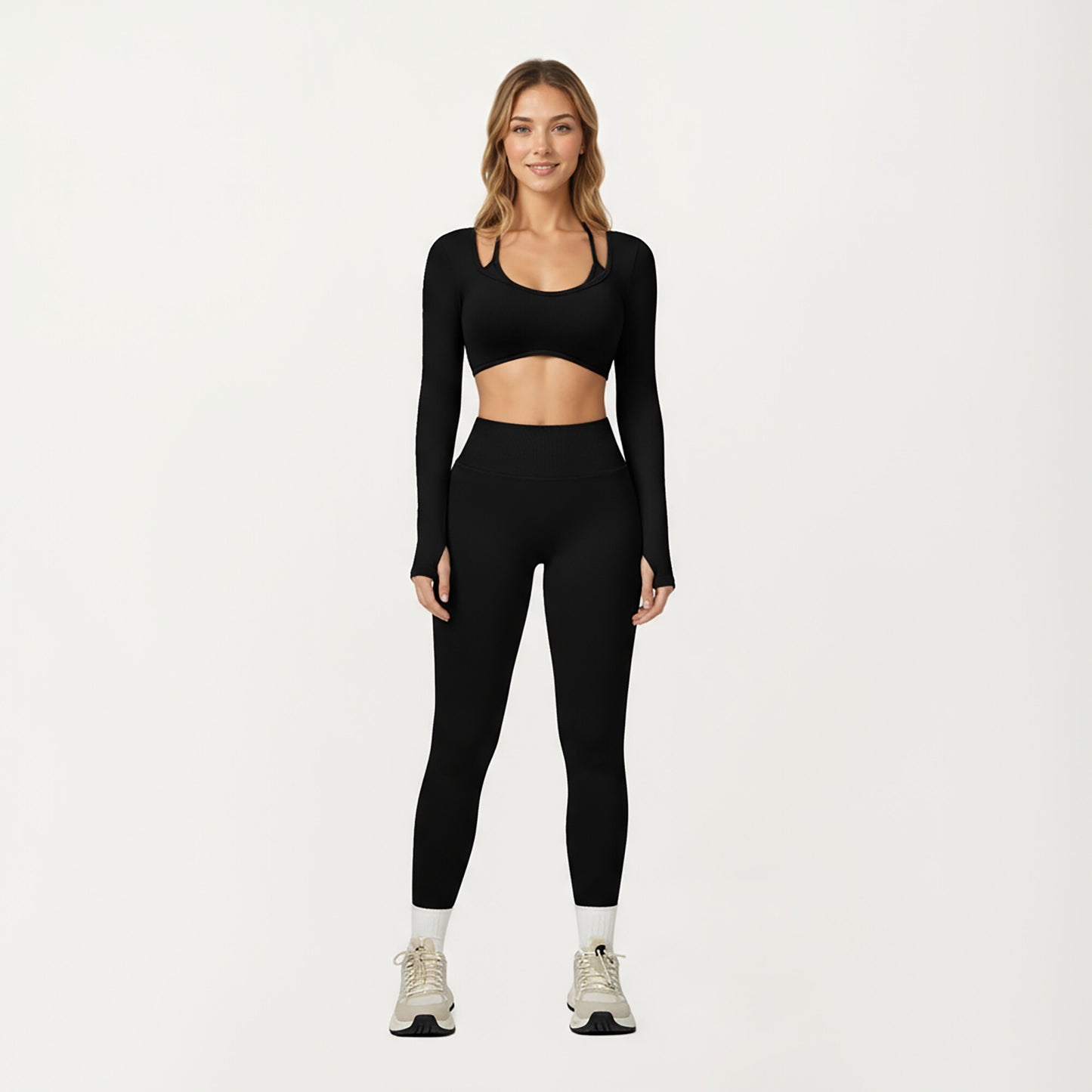 Long Sleeve Crop Top with Contrast Trim and Scoop Neckline
