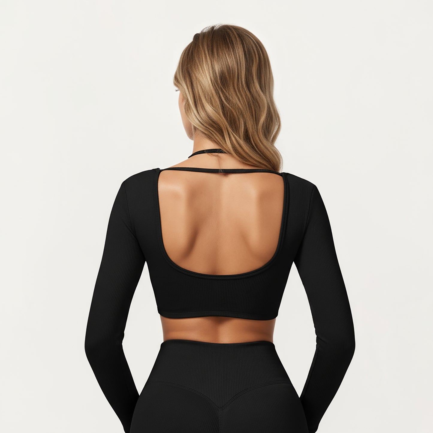 Long Sleeve Crop Top with Contrast Trim and Scoop Neckline