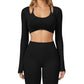 Long Sleeve Crop Top with Contrast Trim and Scoop Neckline