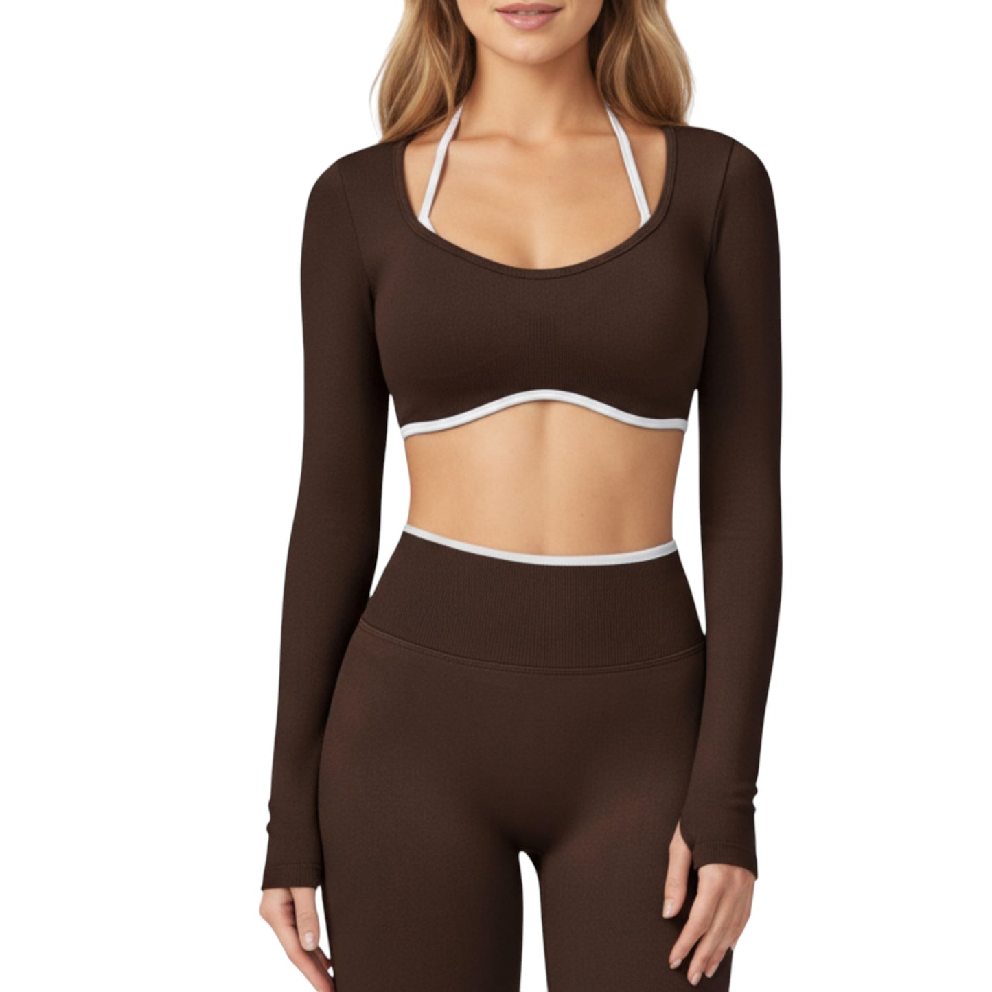 Long Sleeve Crop Top with Contrast Trim and Scoop Neckline