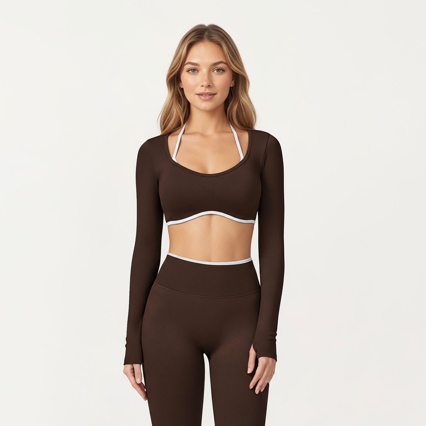 Long Sleeve Crop Top with Contrast Trim and Scoop Neckline