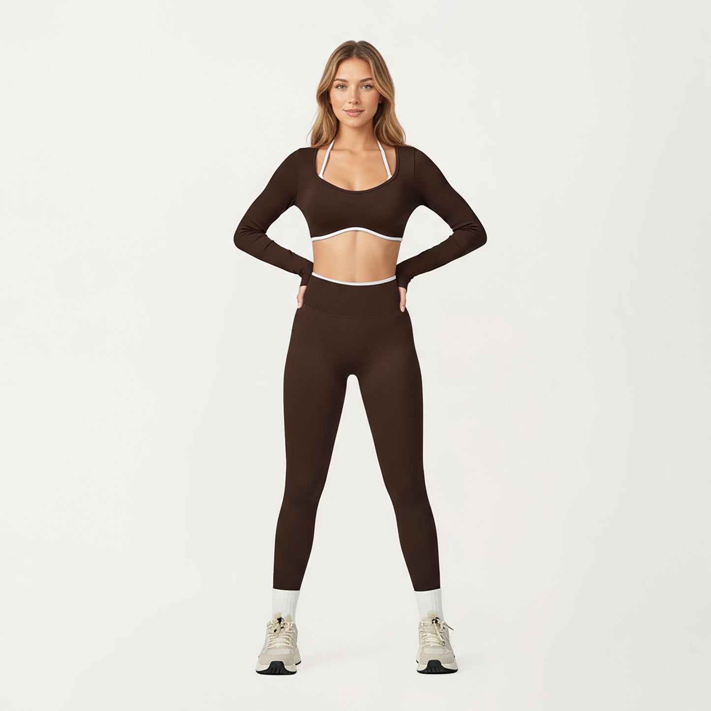 Long Sleeve Crop Top with Contrast Trim and Scoop Neckline