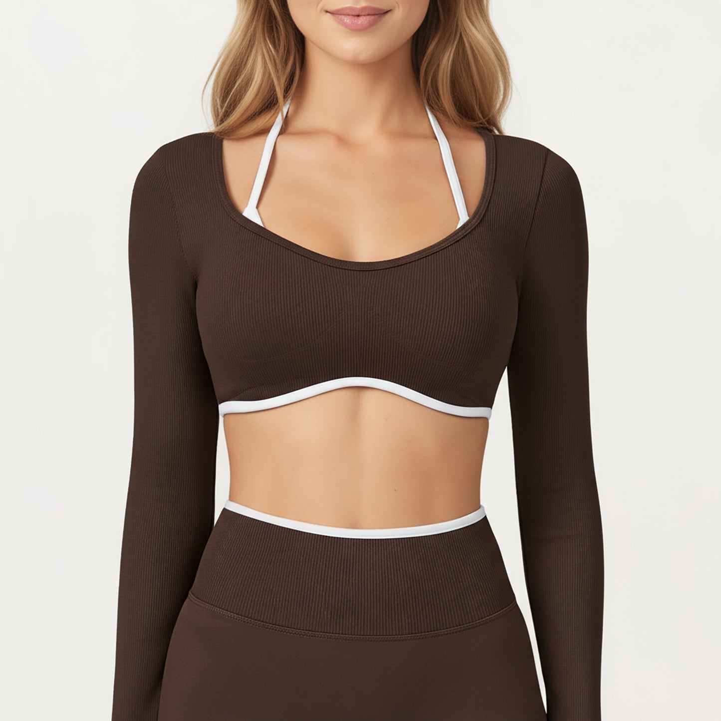 Long Sleeve Crop Top with Contrast Trim and Scoop Neckline