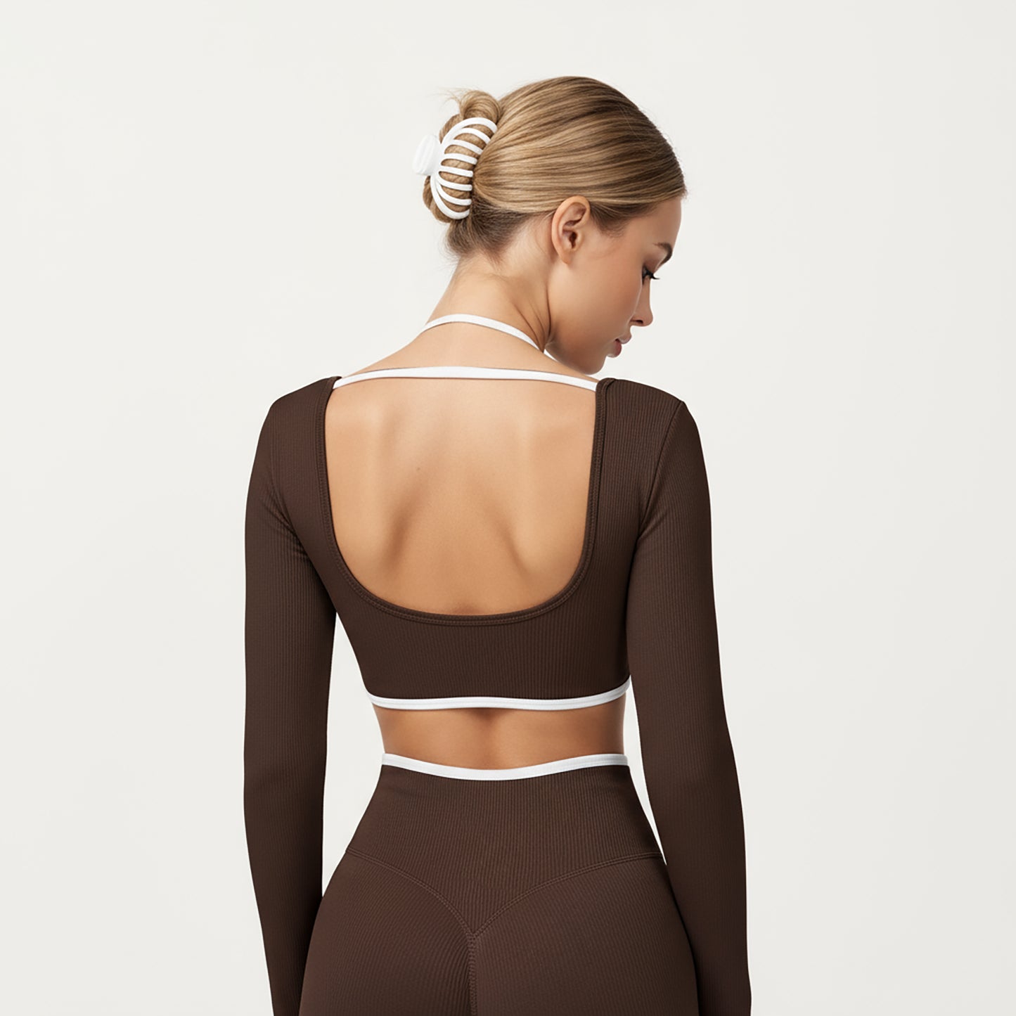 Long Sleeve Crop Top with Contrast Trim and Scoop Neckline