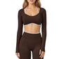 Long Sleeve Crop Top with Contrast Trim and Scoop Neckline