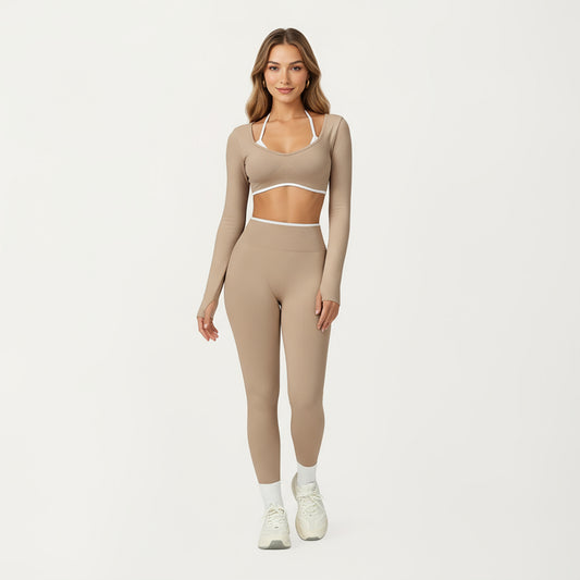 Long Sleeve Crop Top with Contrast Trim and Scoop Neckline
