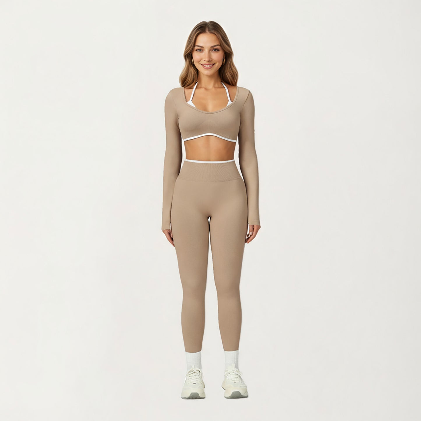 Long Sleeve Crop Top with Contrast Trim and Scoop Neckline