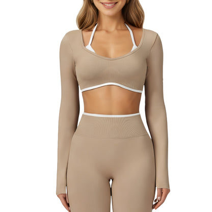 Long Sleeve Crop Top with Contrast Trim and Scoop Neckline
