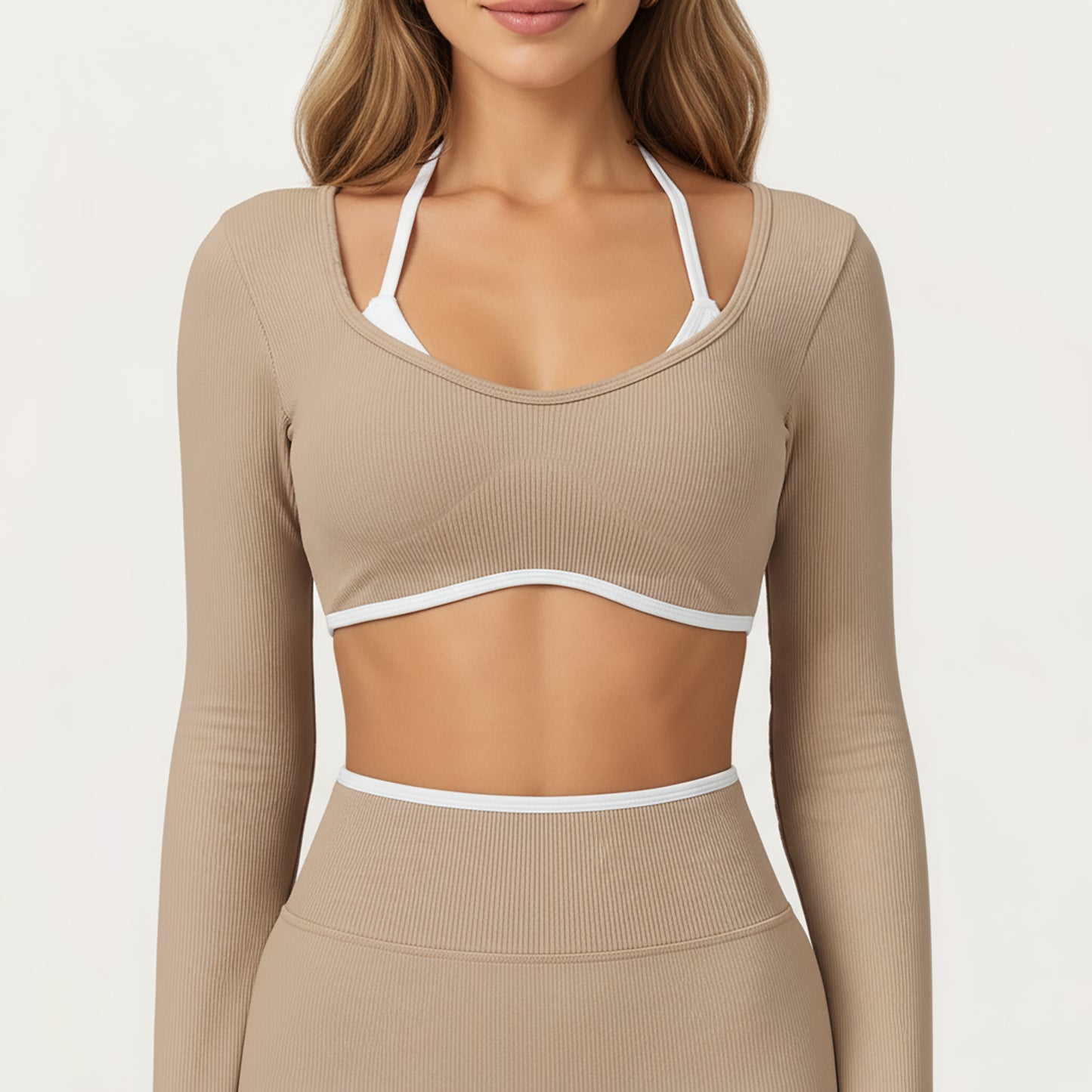 Long Sleeve Crop Top with Contrast Trim and Scoop Neckline