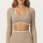 Long Sleeve Crop Top with Contrast Trim and Scoop Neckline