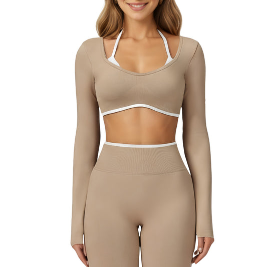 Long Sleeve Crop Top with Contrast Trim and Scoop Neckline