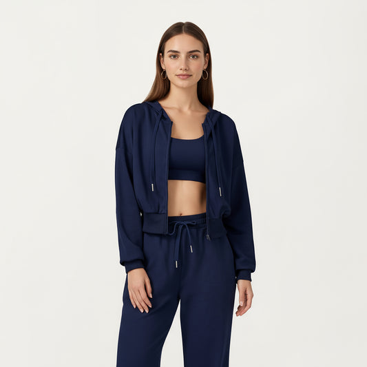 Cropped Zip-Up Hoodie with Drawstring Hood and Long Sleeves