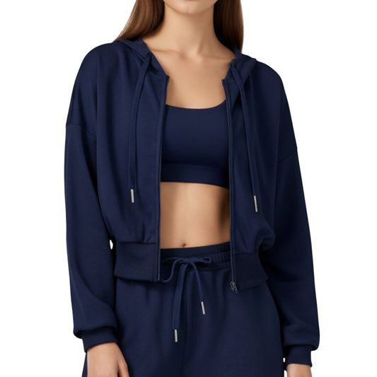 Cropped Zip-Up Hoodie with Drawstring Hood and Long Sleeves
