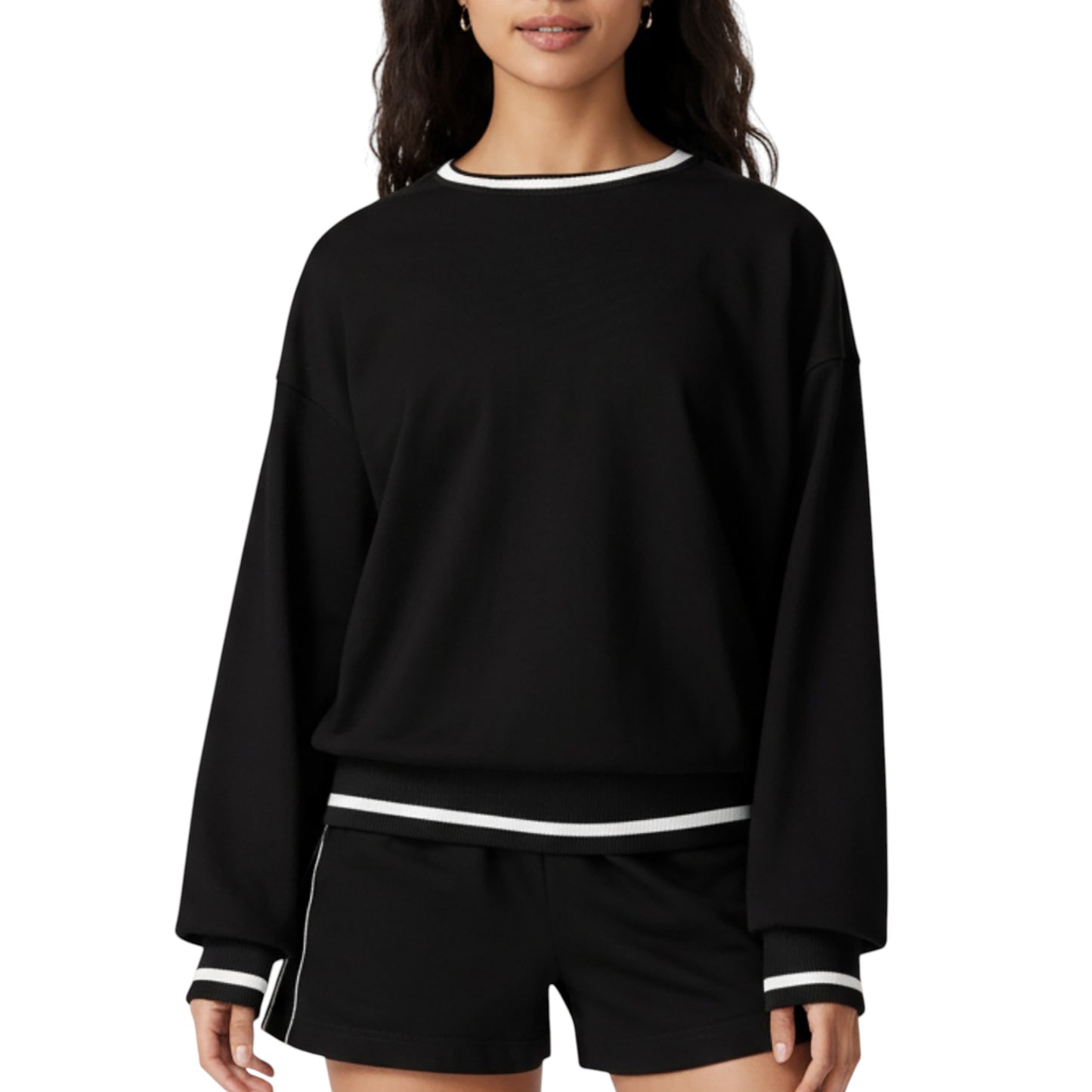 Long Sleeve Crew Neck Pullover Sweatshirt with Contrast Trim Ribbed Hem and Relaxed Fit