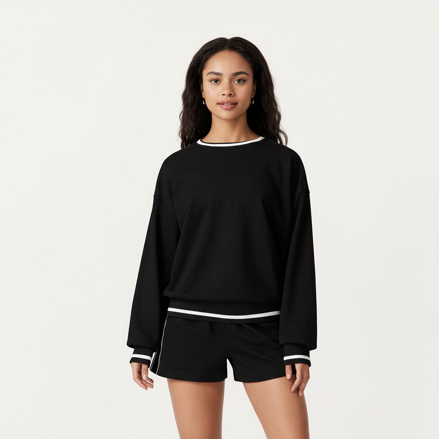Long Sleeve Crew Neck Pullover Sweatshirt with Contrast Trim Ribbed Hem and Relaxed Fit