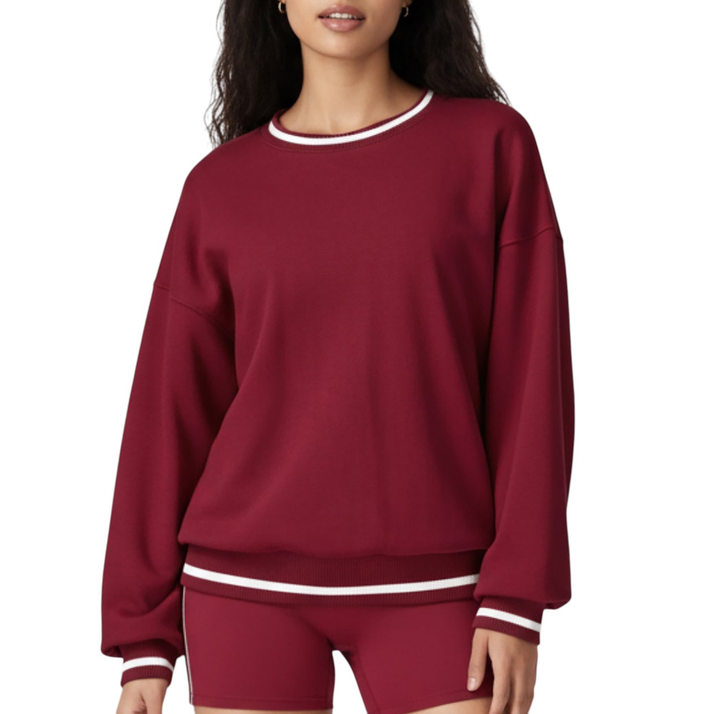 Long Sleeve Crew Neck Pullover Sweatshirt with Contrast Trim Ribbed Hem and Relaxed Fit