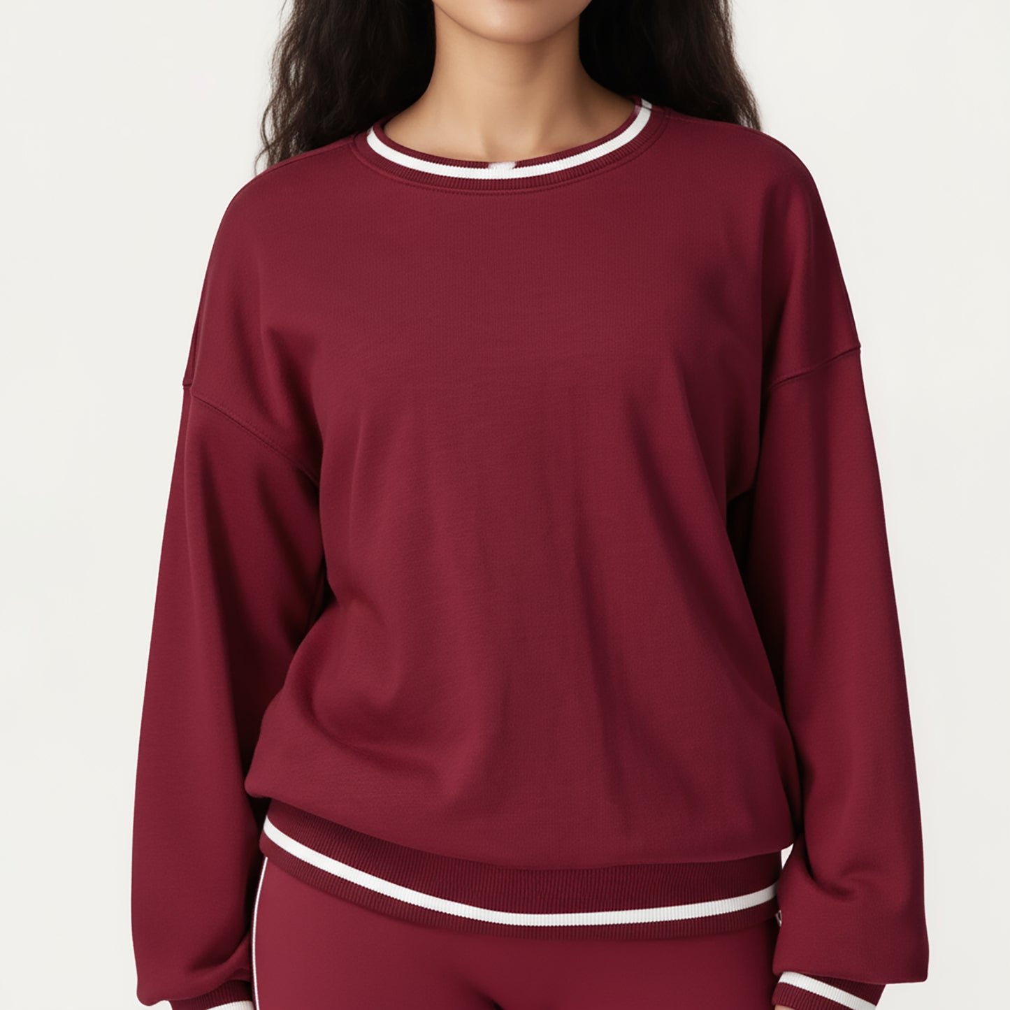 Long Sleeve Crew Neck Pullover Sweatshirt with Contrast Trim Ribbed Hem and Relaxed Fit