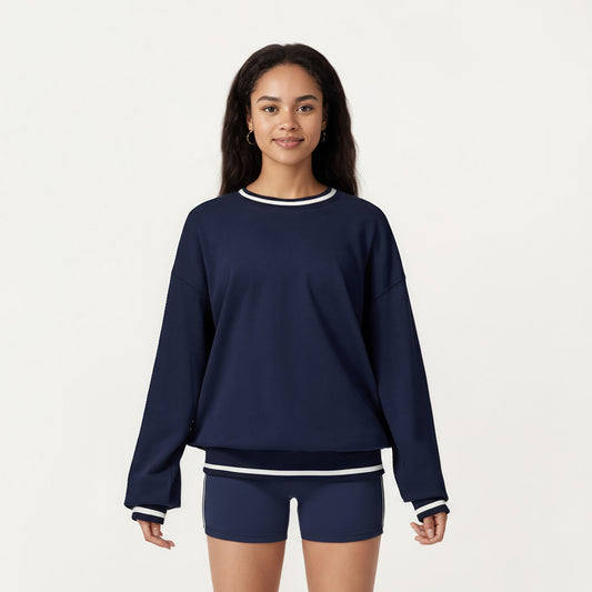 Long Sleeve Crew Neck Pullover Sweatshirt with Contrast Trim Ribbed Hem and Relaxed Fit