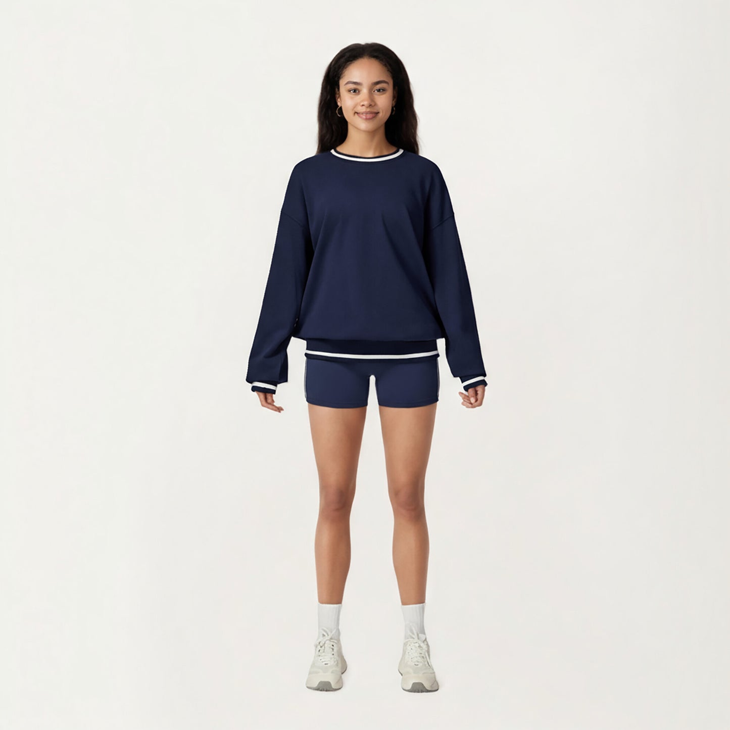 Long Sleeve Crew Neck Pullover Sweatshirt with Contrast Trim Ribbed Hem and Relaxed Fit